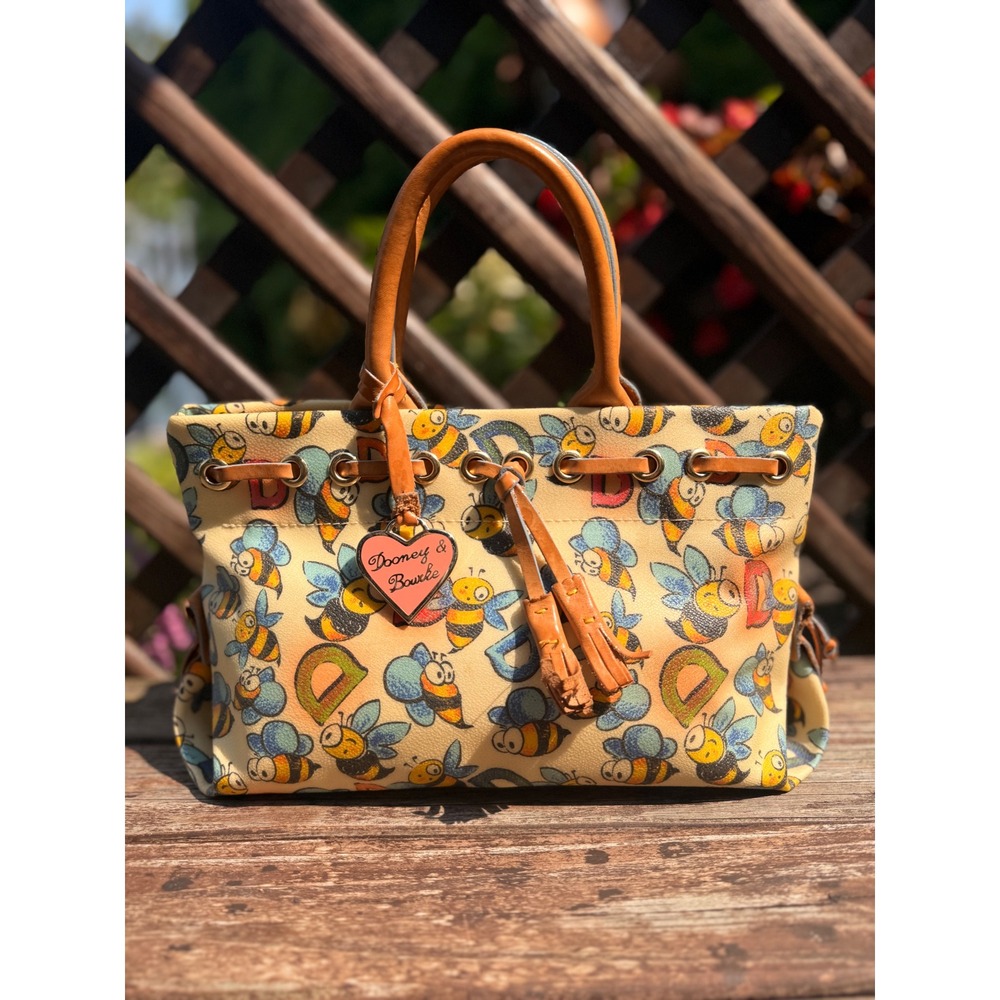 Dooney & Bourke Bumble Bee Print Coated Canvas Tote Bag Tan Leather Trim